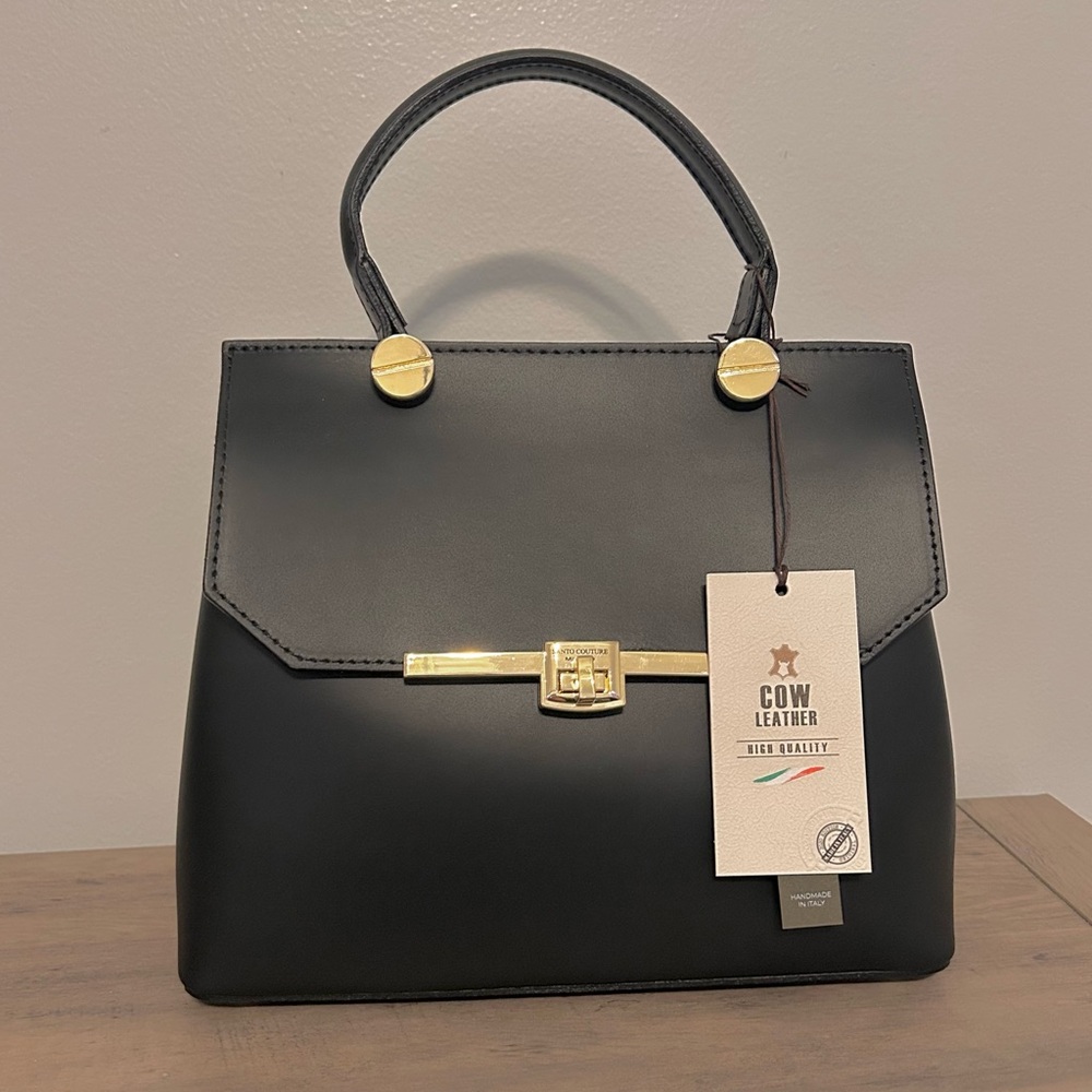 Santo Couture- Luxury Black Leather Bag with Gold Accents